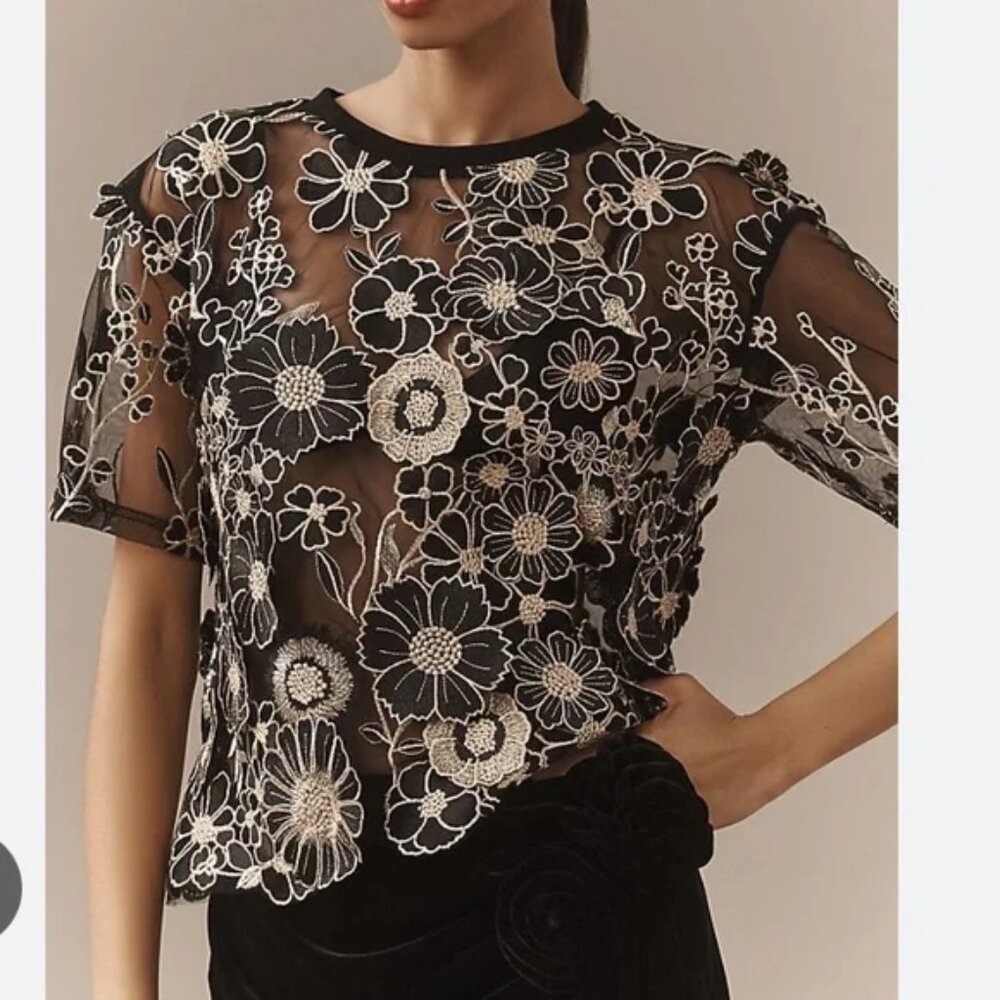 NWOT ANTHROPOLOGIE DOLAN Black Sheer Floral Appliqué Blouse